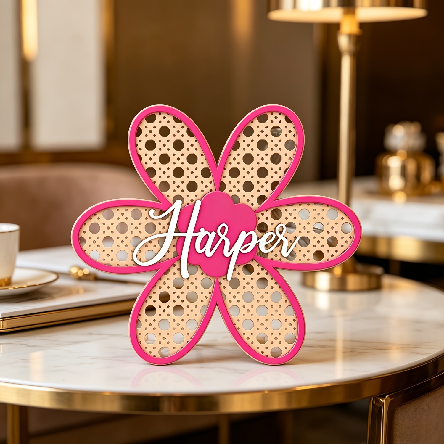 Baby Nursery Pink - Kişiye Özel Boho Rattan Çiçek İsim