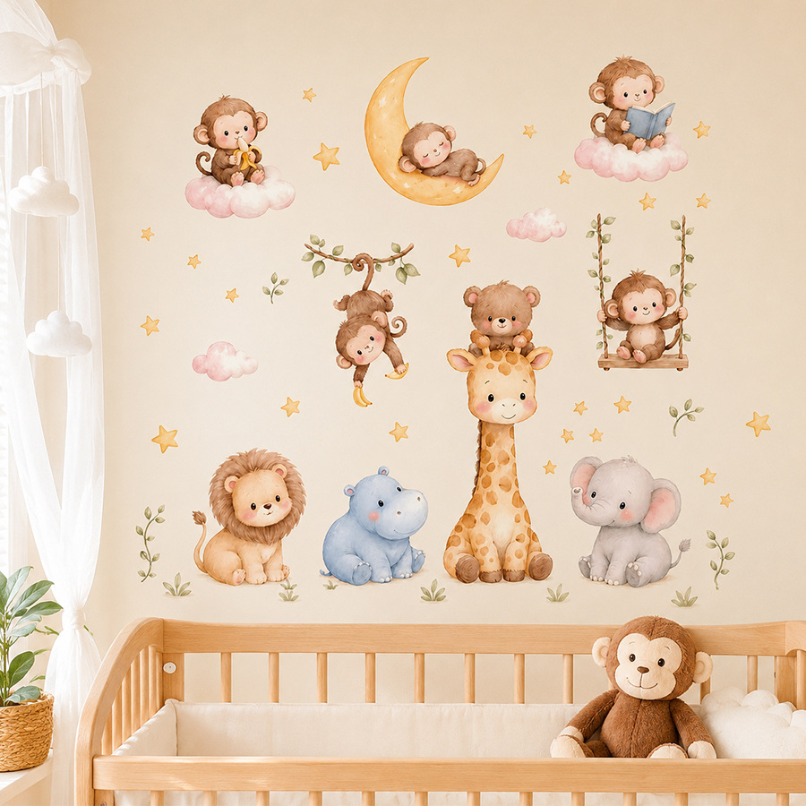 Baby Nursery Jungle Wallpaper - Çocuklar için Orman Hayvanları Duvar Çıkartmaları