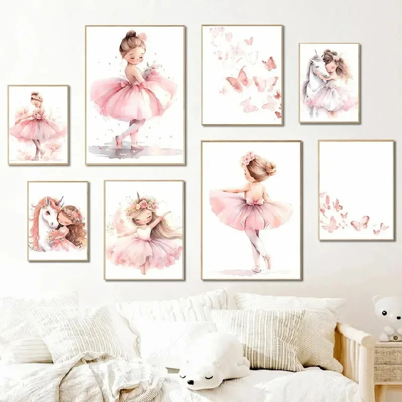 Baby Nursery Pink - Pembe Balerin Kız Unicorn Kelebek Posteri