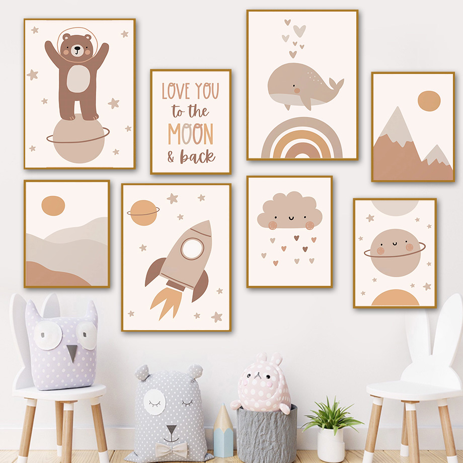 Baby Nursery Pictures - Boho Ayı Balina Roket Gezegen Güneş