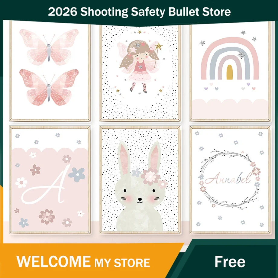 Baby Nursery Pictures - Sevimli Kız Tavşan Çiçek Kelebek Gökkuşağı