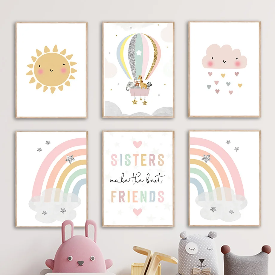 Baby Nursery Pictures - Zürafa Fil Sıcak Balon Güneş Gökkuşağı