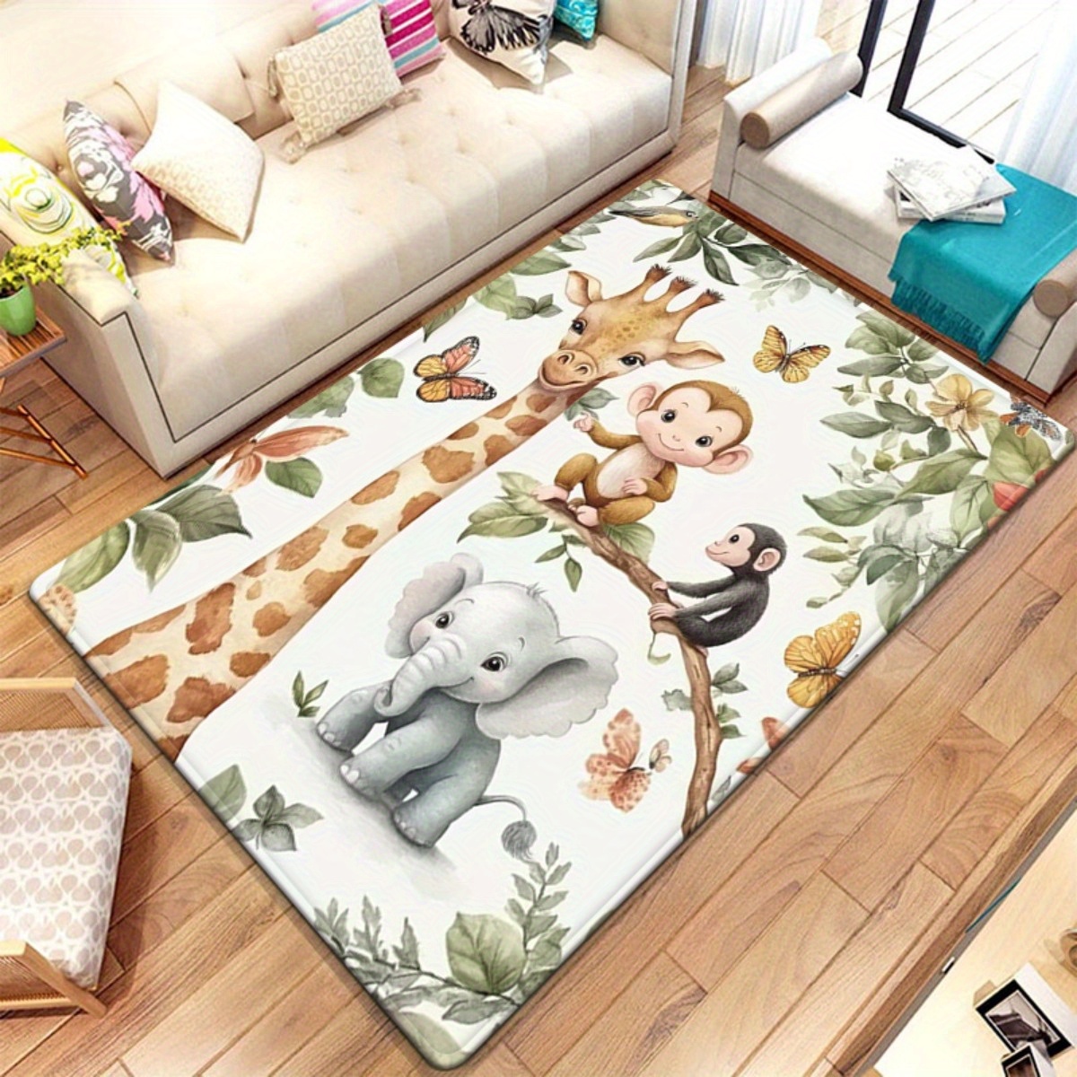 Baby Nursery Jungle Rug - Suluboya Hayvan Orman Baskı Alan Kilim