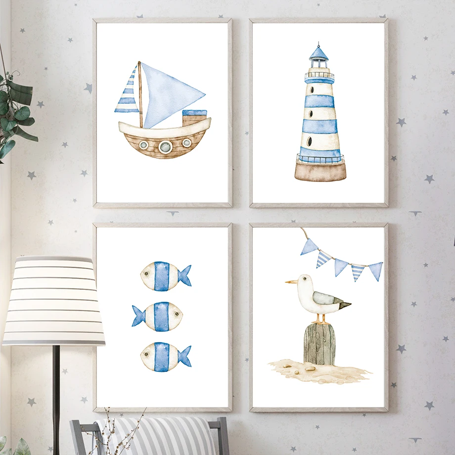 Baby Nursery Pictures - Yelkenli tekne deniz feneri balık denizcilik