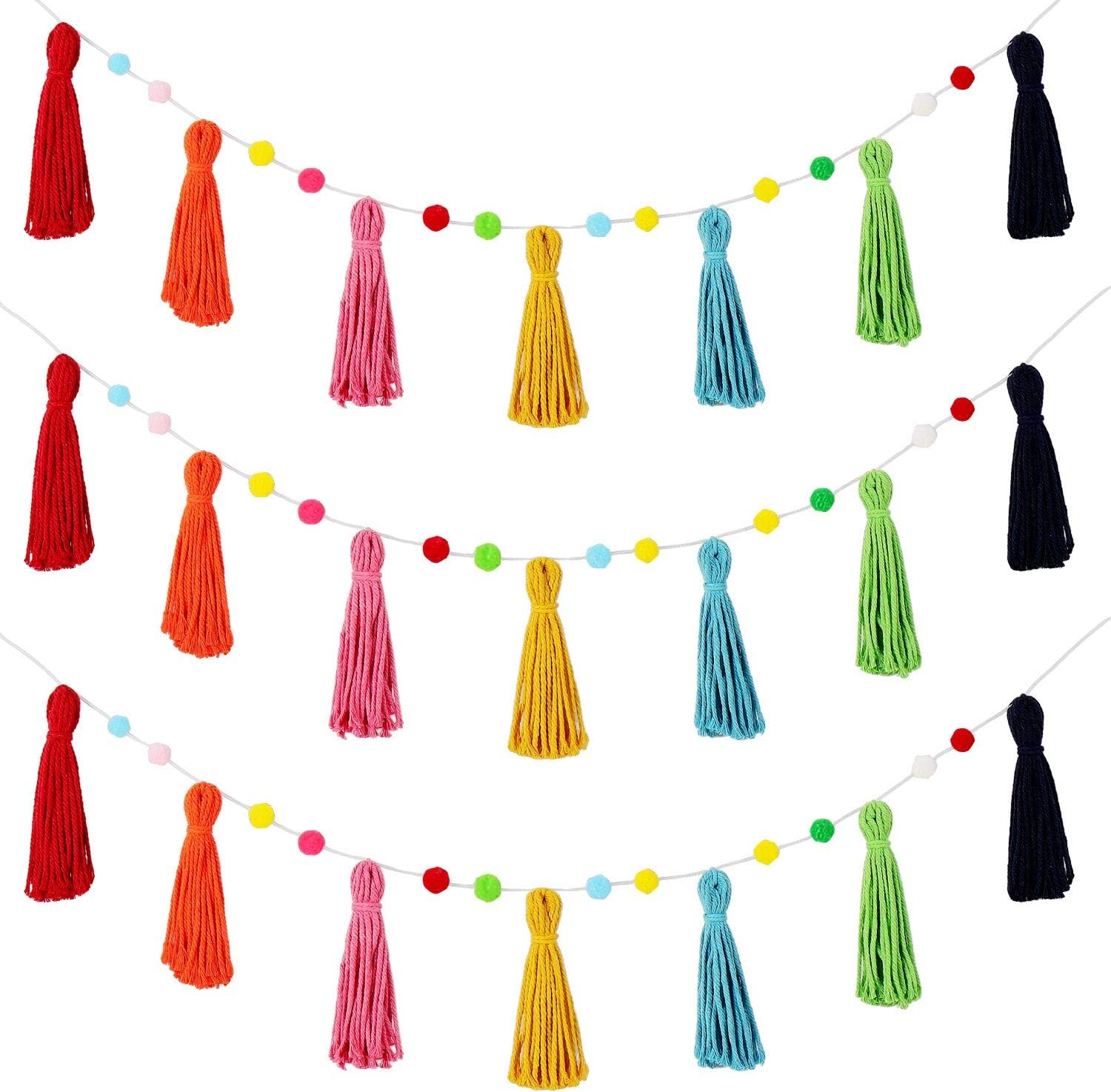 Baby Nursery Garland - 3 adet Renkli Gökkuşağı Boho Püskül