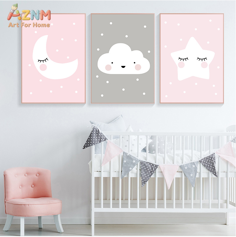 Baby Nursery Pink - AZNM Sevimli Karikatür Ay Bulut Yıldız