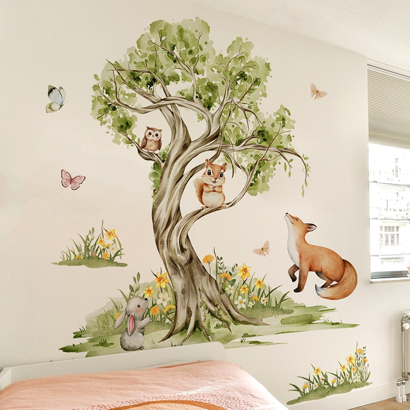 Baby Nursery Jungle Wallpaper - Suluboya Orman Büyük Ağaç Hayvanlar Duvar