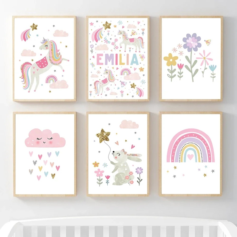 Baby Nursery Pink - Pembe Unicorn Tavşan Gökkuşağı Bulut Çiçek