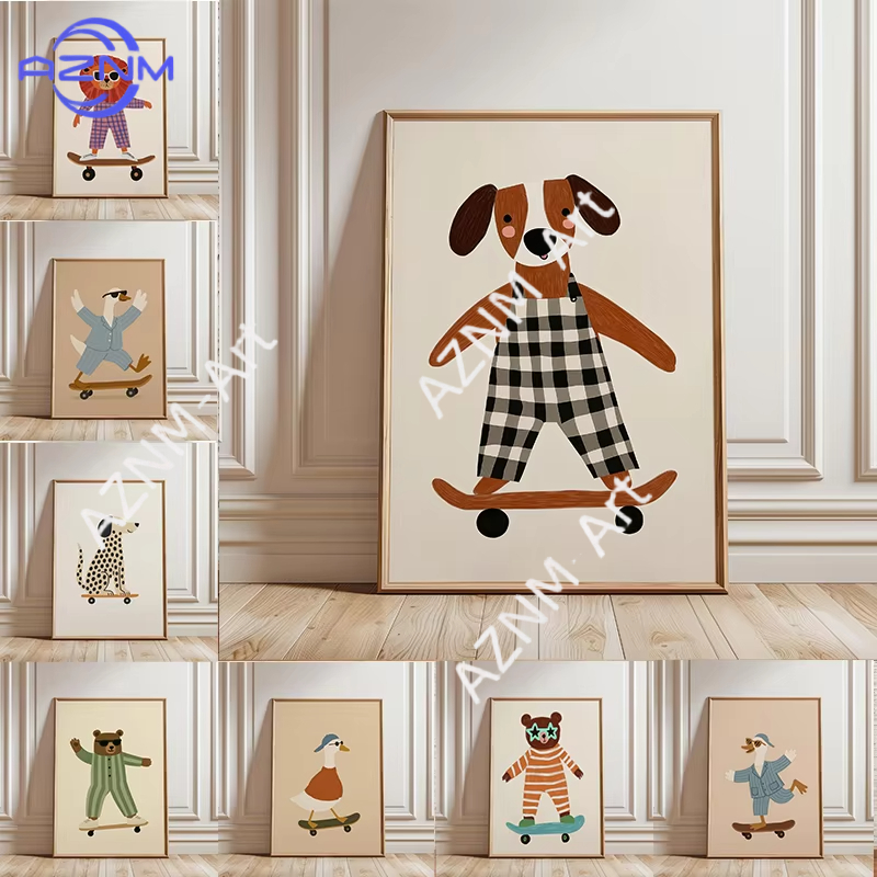 Baby Nursery Artwork - 1 adet komik hayvan kaykay posteri