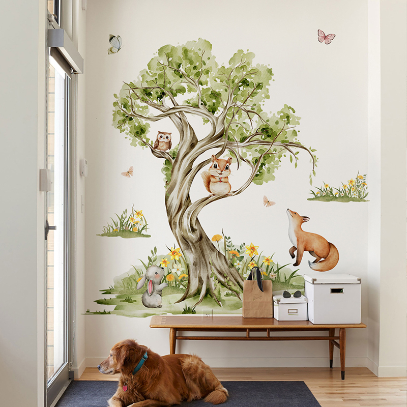 Suluboya Orman Büyük Ağaç Hayv - Baby Nursery Jungle Wallpaper incelemesi ve fiyatı