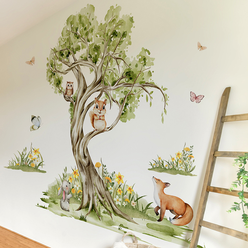 Suluboya Orman Büyük Ağaç Hayv - Baby Nursery Jungle Wallpaper incelemesi ve fiyatı